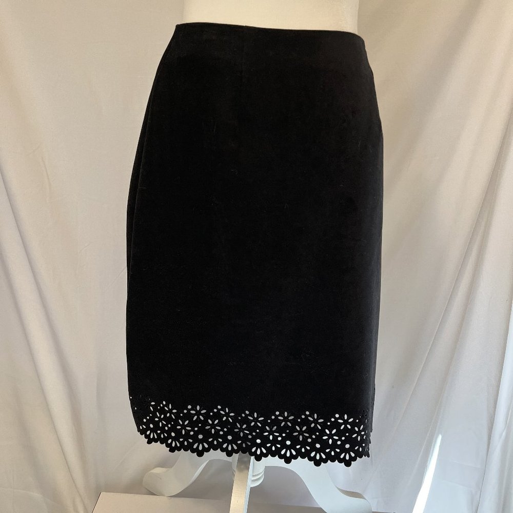 Portrait faux suede pencil mini skirt with cut-out patterned hem